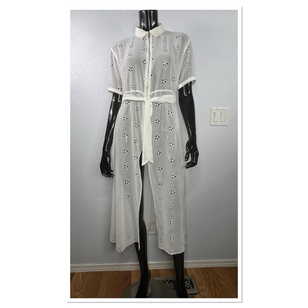 Sandro Ricarda Eyelet Chiffon Zip Front Sheer Midi Dress Collared White Sz 1/S